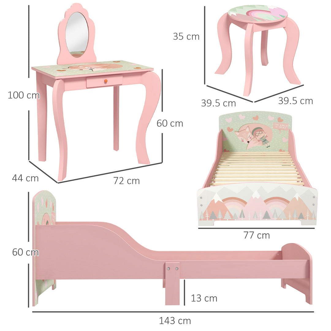 Kids Dressing Table with Mirror and Stool, Bedroom Furniture Set for Ages 3-6 Years - Pink