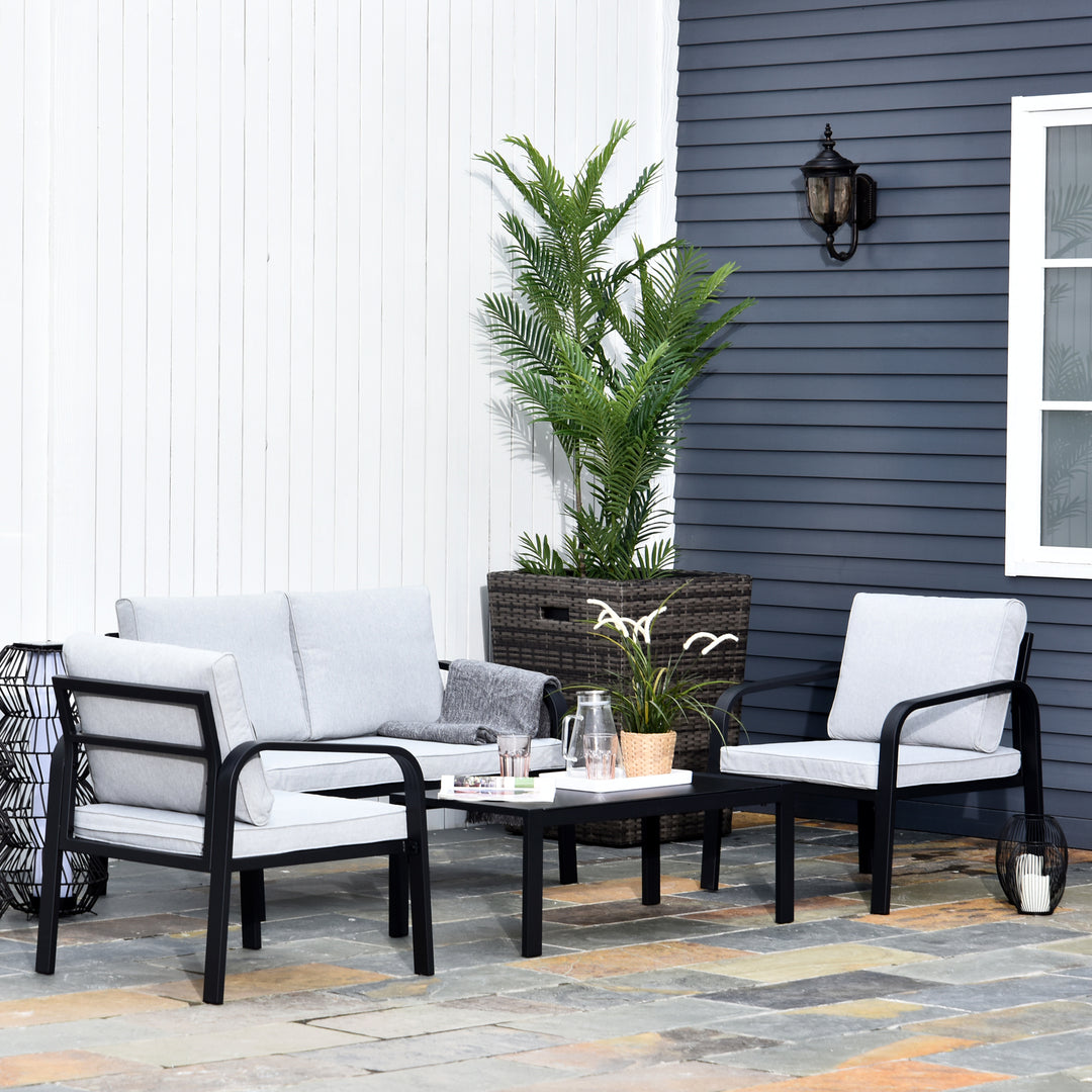 4 Pcs Aluminium Frame Garden Dining Set w/ 2 Chairs Sofa Glass Top Table Foam Cushions Sleek Contemporary Tough Durable Grey Black