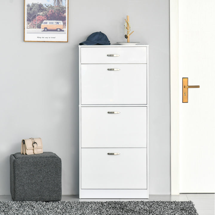 Shoe Cabinet with 4 Drawers Storage High Gloss Cupboard with Flip Doors Pull Down Furniture Unit with Adjustable Shelves for 18 Pairs White