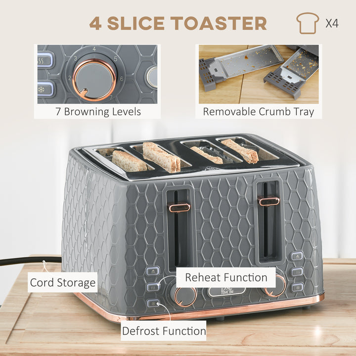 Fast Boil Kettle & 4 Slice Toaster Set, Kettle and Toaster with 7 Browning Controls, Crumb Tray, 1.7L 3000W - Grey