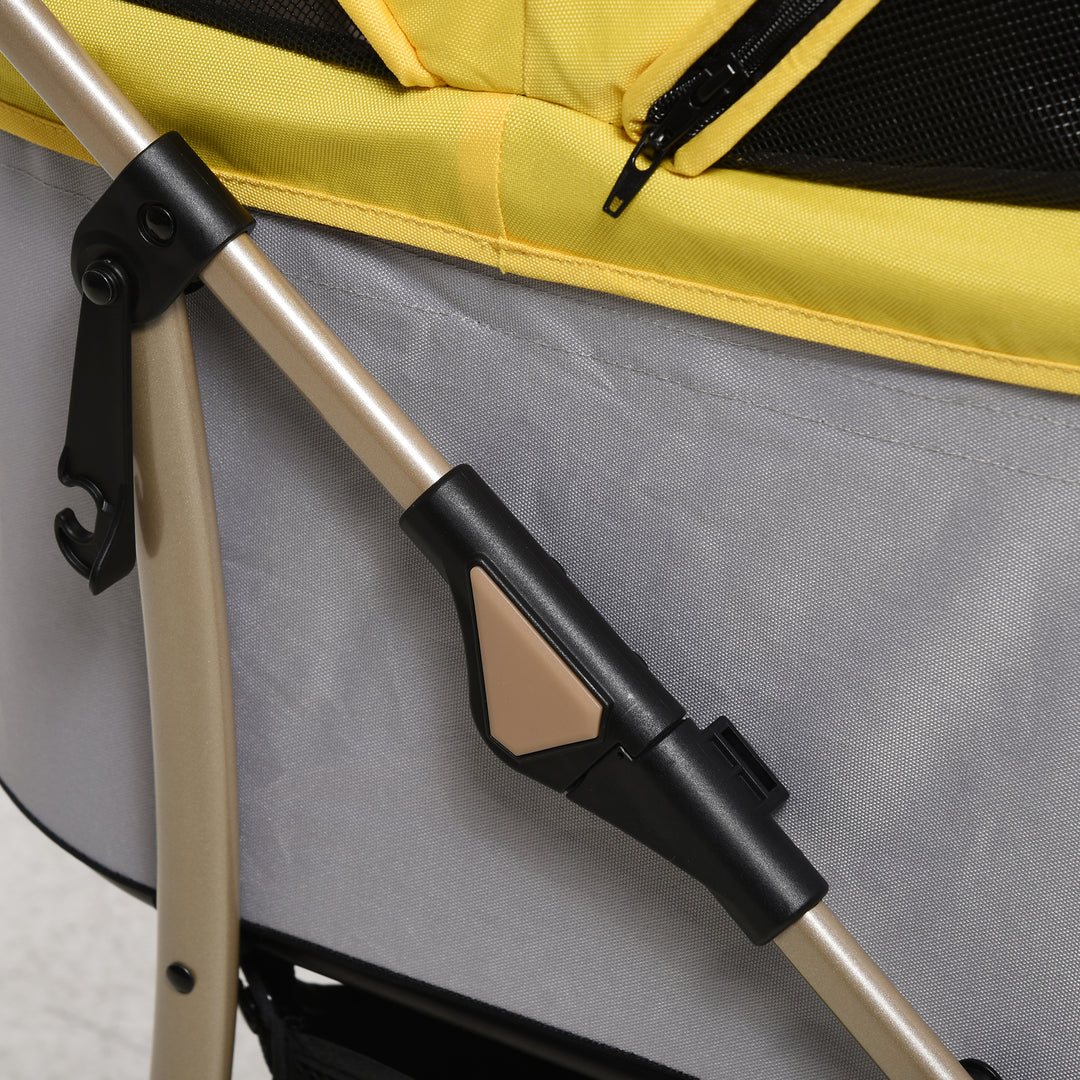 PawHut Detachable Dog Pushchair, 3-In-1 Dog Cat Travel Carriage, Foldable Carrying Bag with Universal Wheel Brake Canopy Basket Storage Bag, Yellow