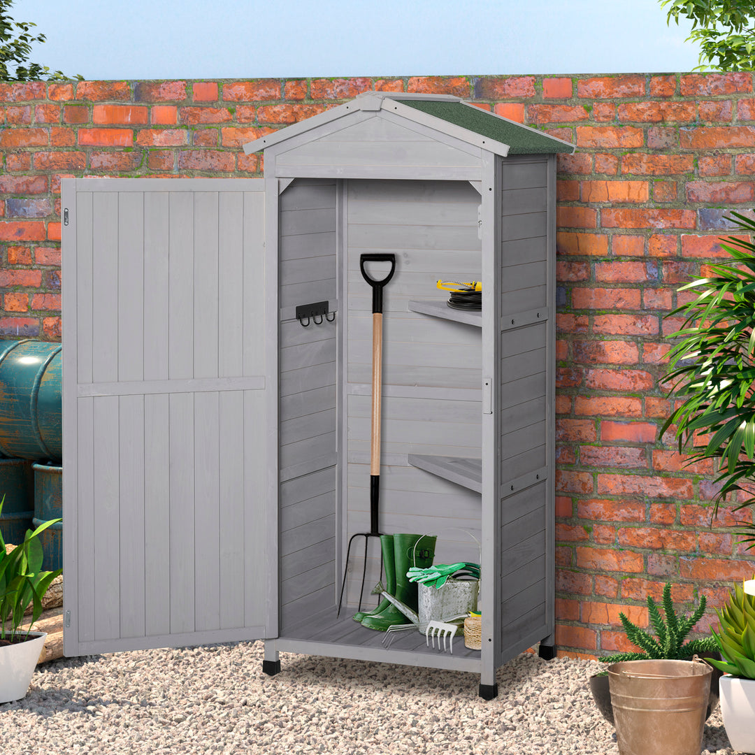 Wooden Garden Cabinet 3-Tier Storage Shed 2 Shelves Lockable Organizer with Hooks Foot Pad 74 x 55 x 155cm Light Grey