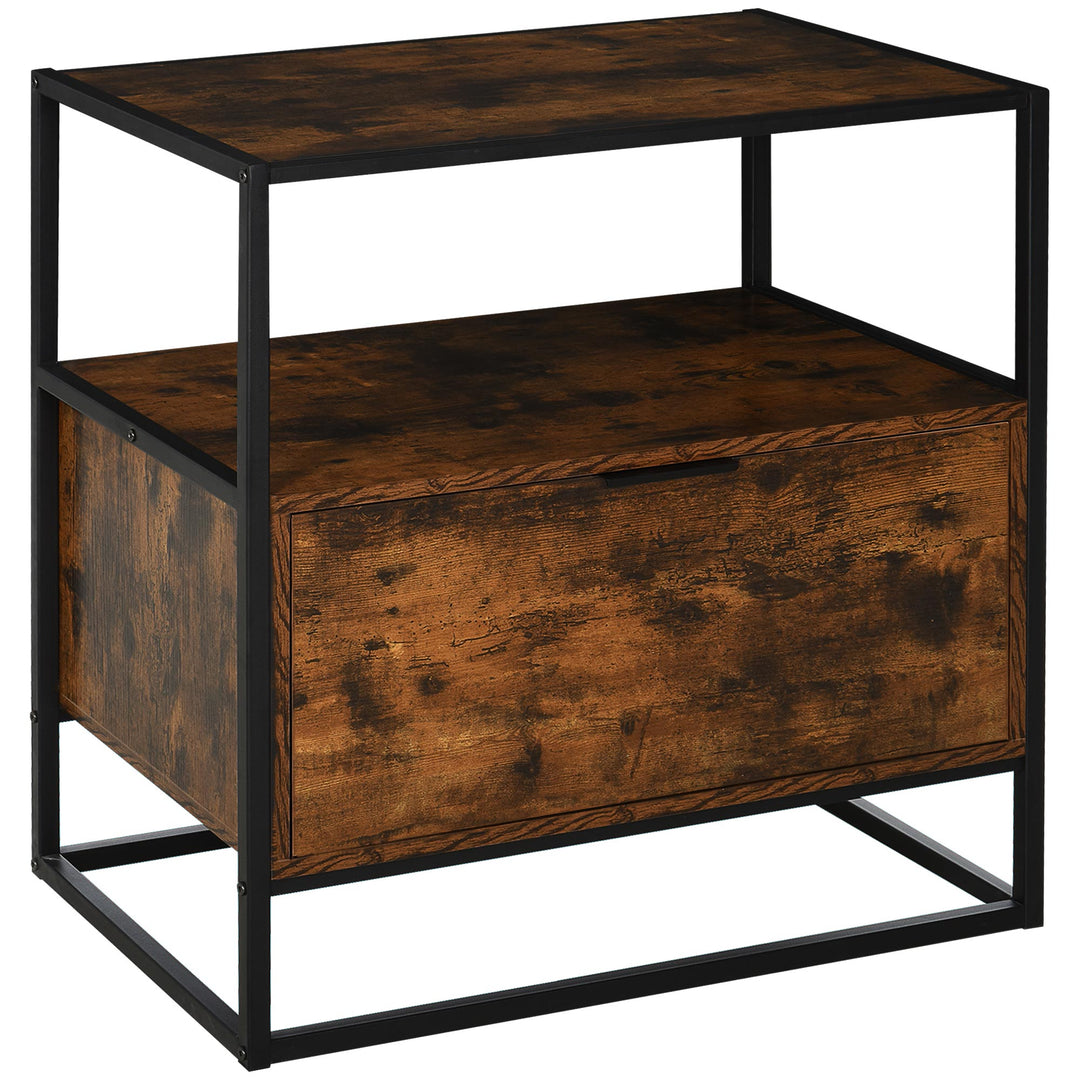 Industrial-Style Side Table w/ Drawer Open Shelf Steel Frame Large Base Two-Tone Retro Stylish Home Furniture Bedroom Living Room