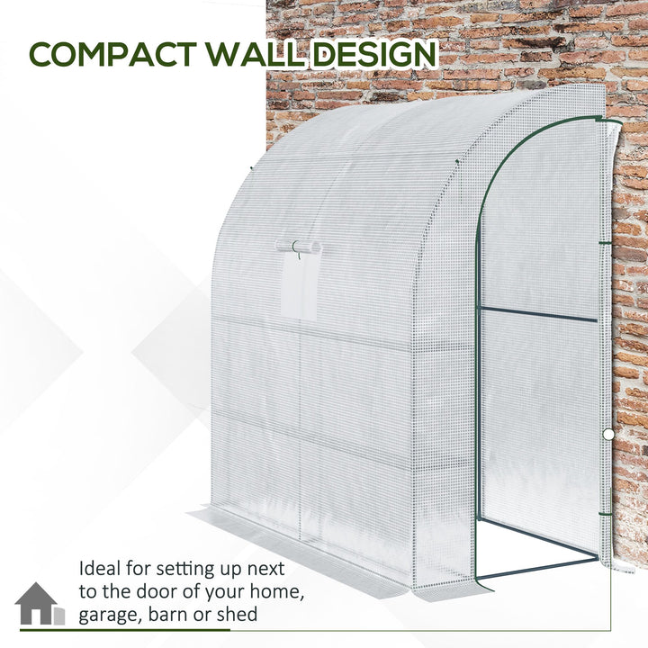 Outsunny Walk-In Lean to Polytunnel Greenhouse with Windows and Doors 2 Tiers 4 Wired Shelves 200L x 100W x 215Hcm White