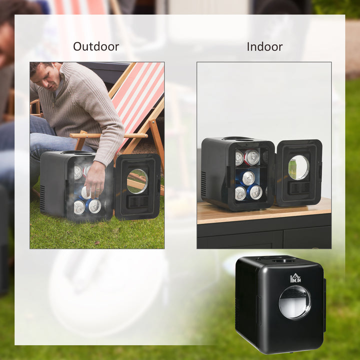 4 L/6 Can Mini Fridge, AC+DC Portable Cooler &amp; Warmer for Skincare, Makeup, Cosmetics, Food, for Bedroom, Home, Caravan, Car, Black