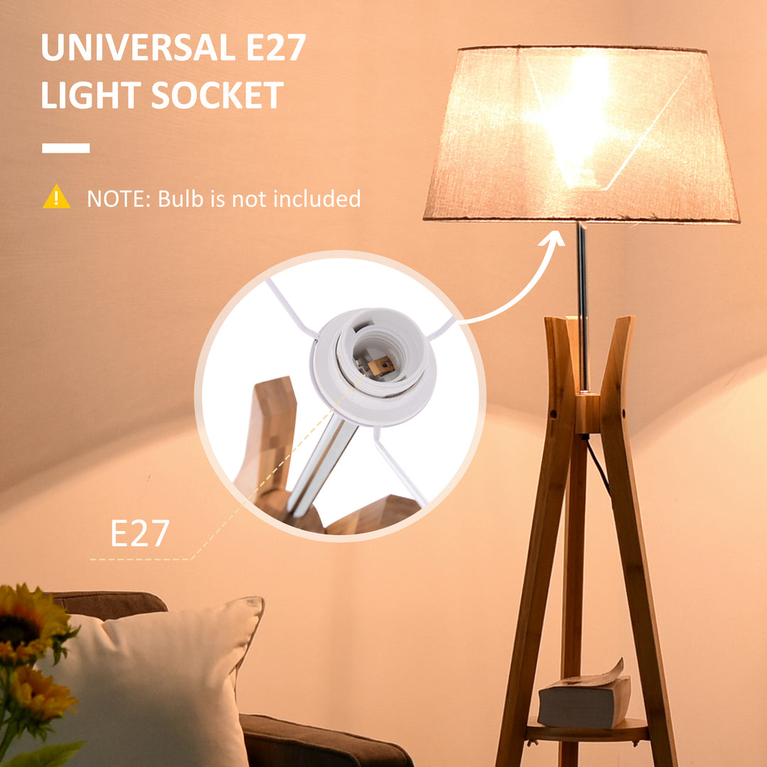 Natural Wood Tripod Floor Lamp Light E27 Base Bedroom Living Room Fabric Shade Storage Shelf Foot Switch, 156cm, Grey