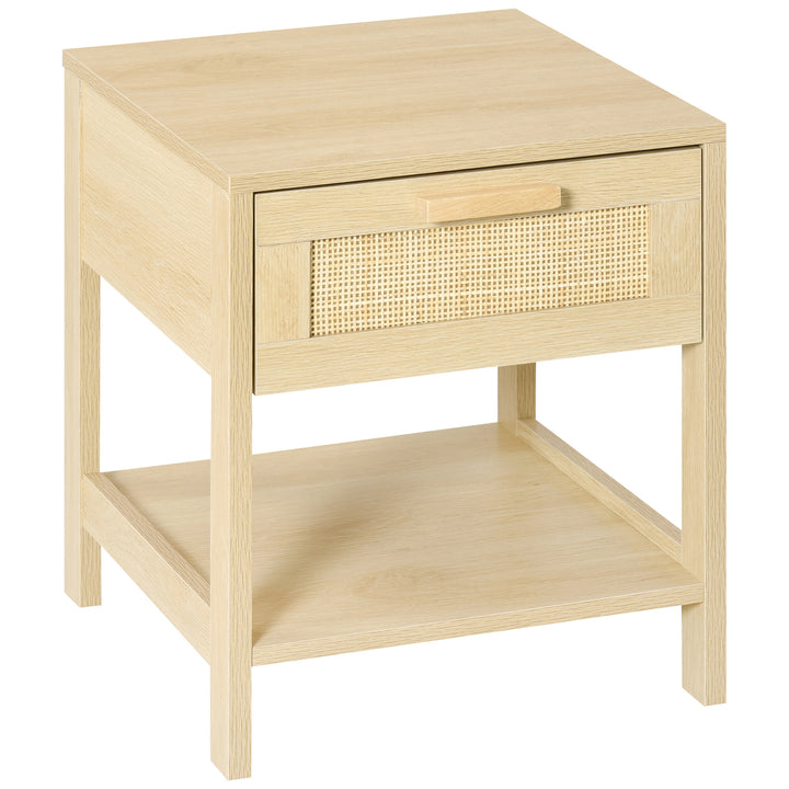 Nightstand with Rattan Drawer and Storage Shelf, Bedside End Table for Bedroom, Living Room Organizer