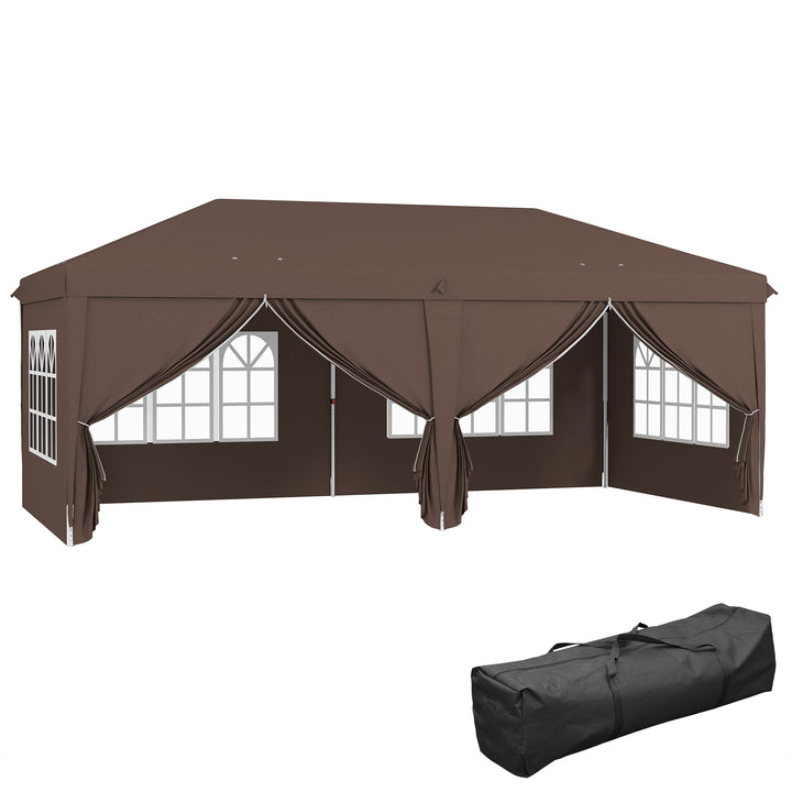 3 x 6 m Pop Up Gazebo with Sides and Windows, Height Adjustable Party Tent with Storage Bag for Garden, Camping, Event, Brown