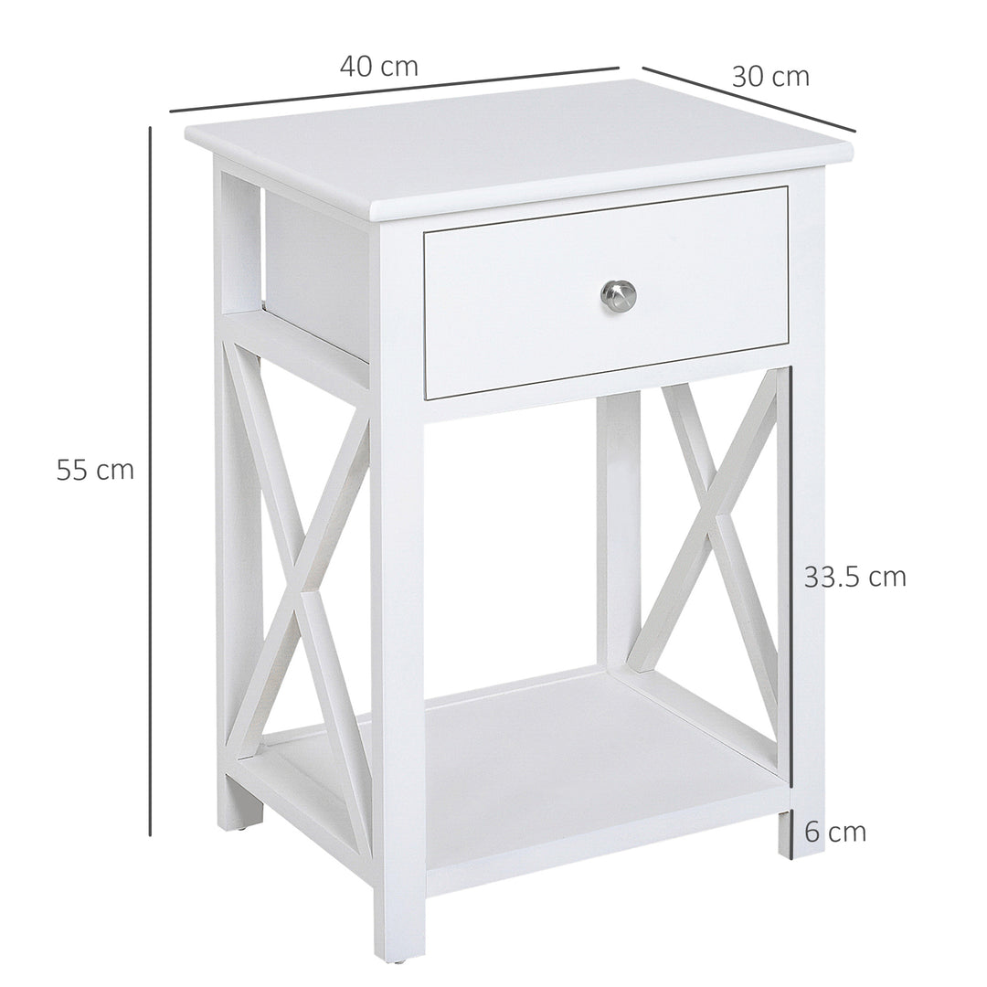 Traditional Accent End Table With 1 Drawer,X Bar Bottom Storage Shelf, for Living Room Bedroom Room 40L x 30W x 55H cm - White