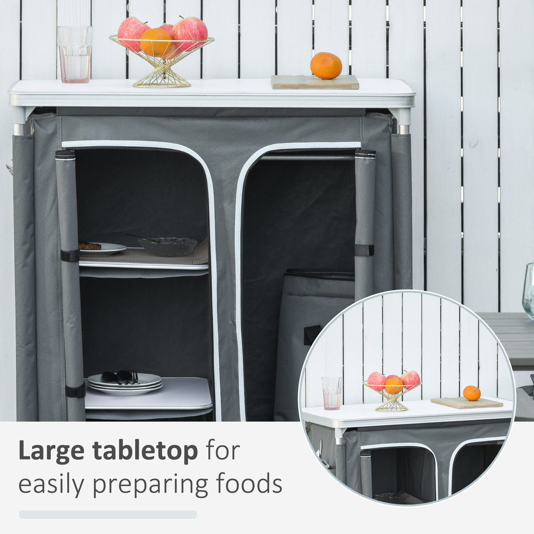 Aluminum Camping Cupboard Camping Kitchen Station Cook Table with 3-Shelf, Storage Organiser for BBQ Party Picnics with Carrying Bag