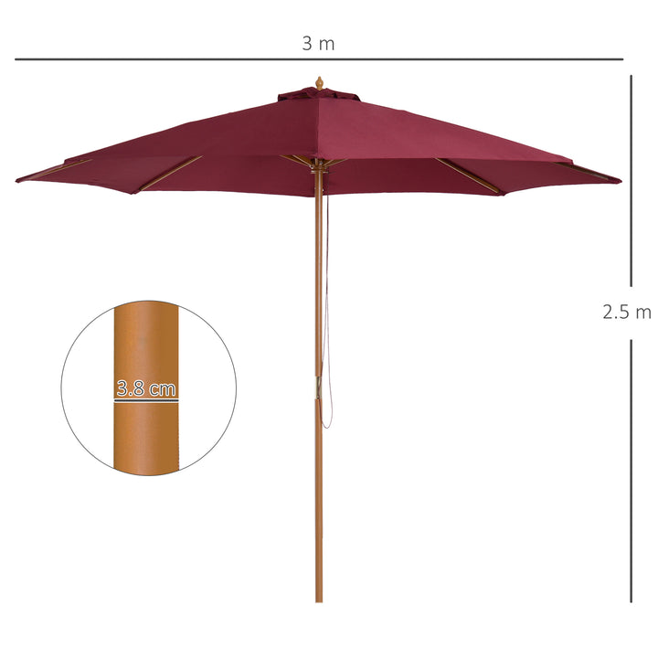 Outsunny ⌀3m Bamboo Wooden Market Patio Umbrella Garden Parasol Outdoor Sunshade Canopy, 8-ribs,Wine Red