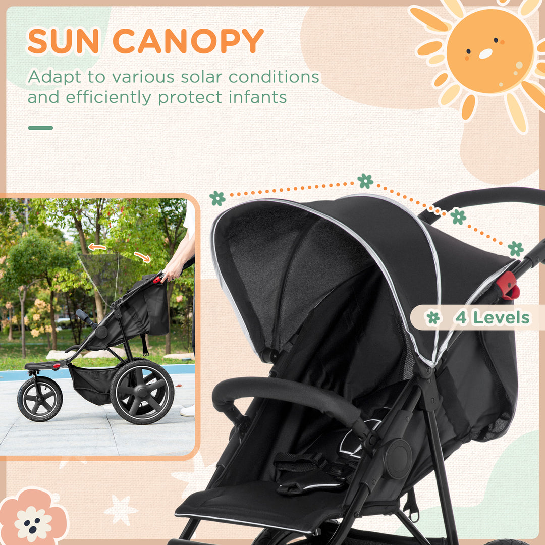 HOMCOM Three Wheeler Pushchair, Lightweight Foldable Running Baby Stroller with Fully Reclining, Adjustable Handlebar Backrest, Sun Canopy Black