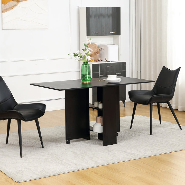 Foldable Dining Table, Extendable Drop Leaf Table with 2-tier Shelves, Small Dinner Table with Rolling Casters