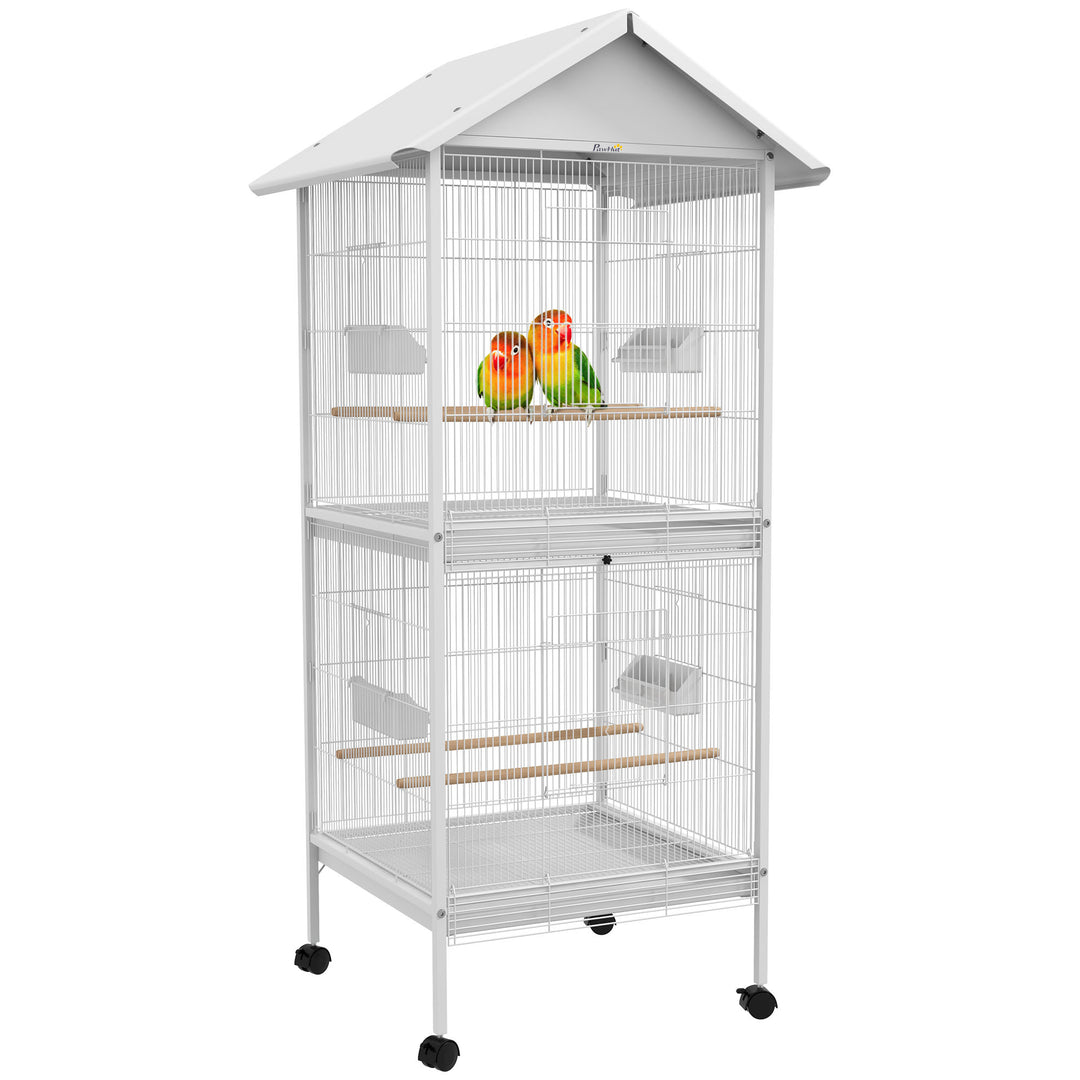 PawHut 170cm Metal Bird Cage Parrot Cage Mobile Feeder with Rolling Stand Perches Food Containers Doors Wheels White