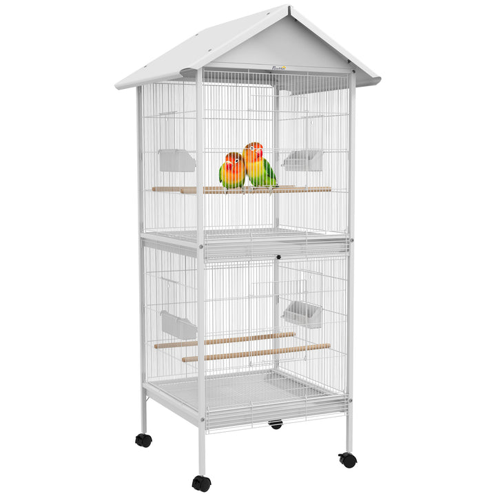 PawHut 170cm Metal Bird Cage Parrot Cage Mobile Feeder with Rolling Stand Perches Food Containers Doors Wheels White