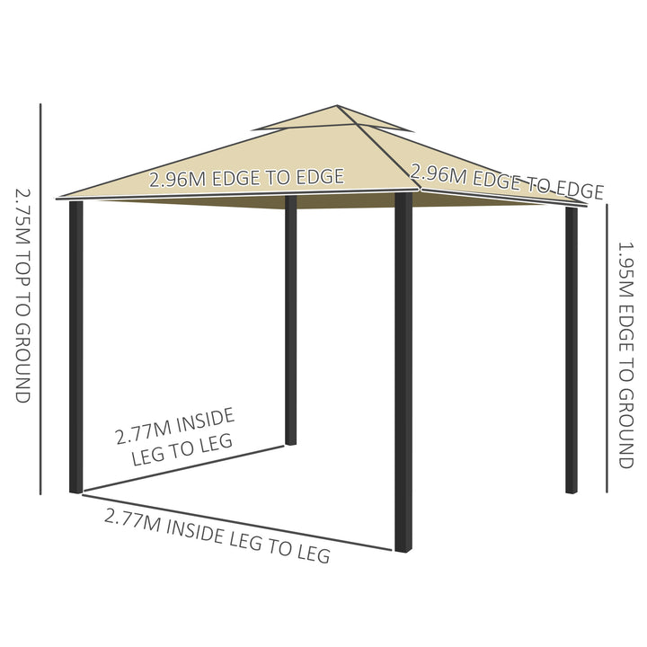 Outsunny 3 x 3(m) Garden Gazebo Pavilion Tent Shelter with 2 Tier Water Repellent Roof, Mosquito Netting and Curtains, Aluminium Frame, Beige