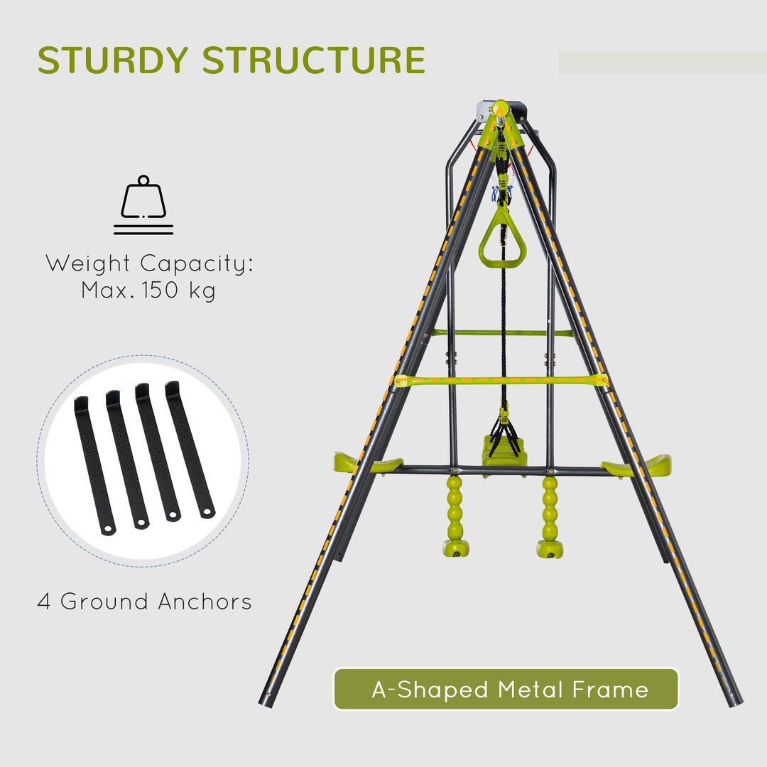 Kids Swing Set for Backyard, Outdoor Play Equipment, w/ Adjustable Swing Seats, Seesaw, Basket Hoop, A-Frame Metal Stand for Ages 3-10 Years