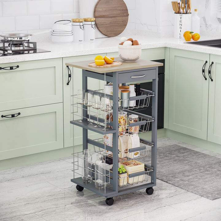 Kitchen Trolley, Multi-Use Kitchen Island w/ 4 Baskets 2 Side Racks 4 Wheels Food Storage Smooth Rolling Compact Furniture Dark Grey