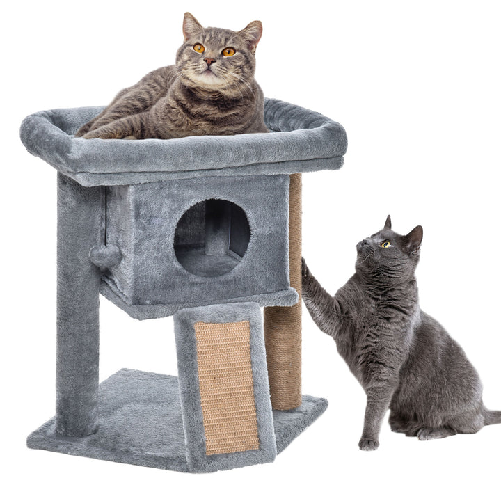 PawHut Cat Tree Tower for Indoor Cats Climbing Activity Center Kitten Furniture with Jute Scratching Pad Ball Toy Condo Perch Bed 40 x 40 x 57cm Grey