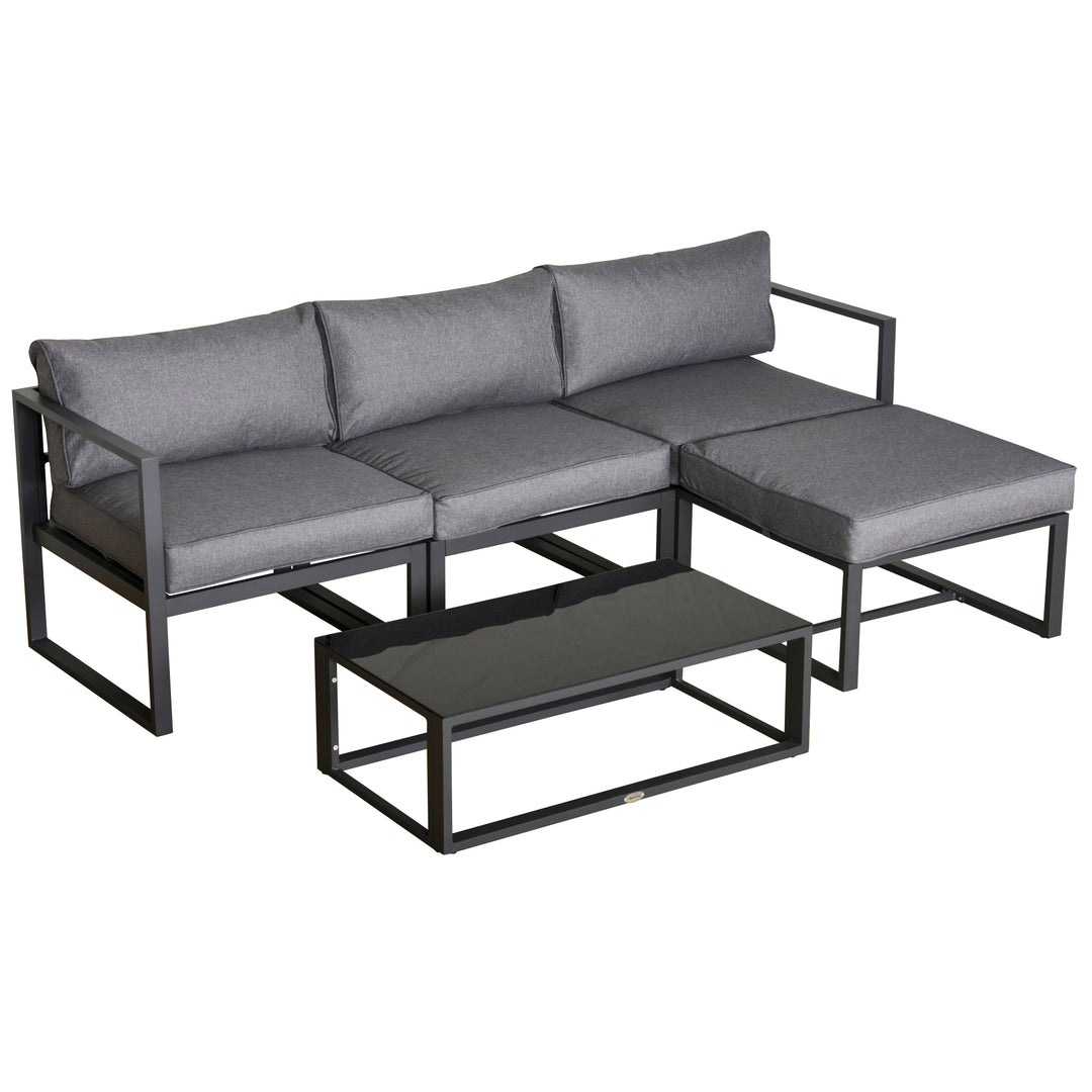 5 Pieces Outdoor Patio Furniture Set, Sofa Couch with Glass Coffee Table, Cushioned Chairs and Metal Frame, for Balcony Garden Backyard, Grey