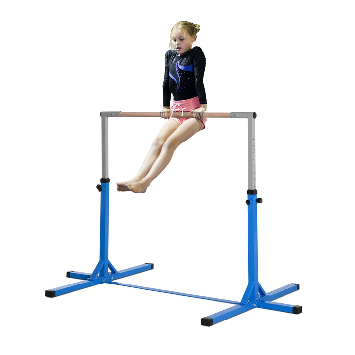 Height Adjustable Gymnastics Horizontal Bar For Kids Home Gym Training Children Junior Kip High Bar Fitness Blue w/ Steel Frame Wood