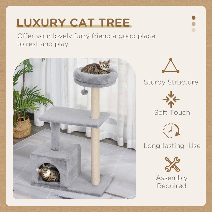 PawHut Cats Sisal Rope 3-Tier Scratching Tree Grey