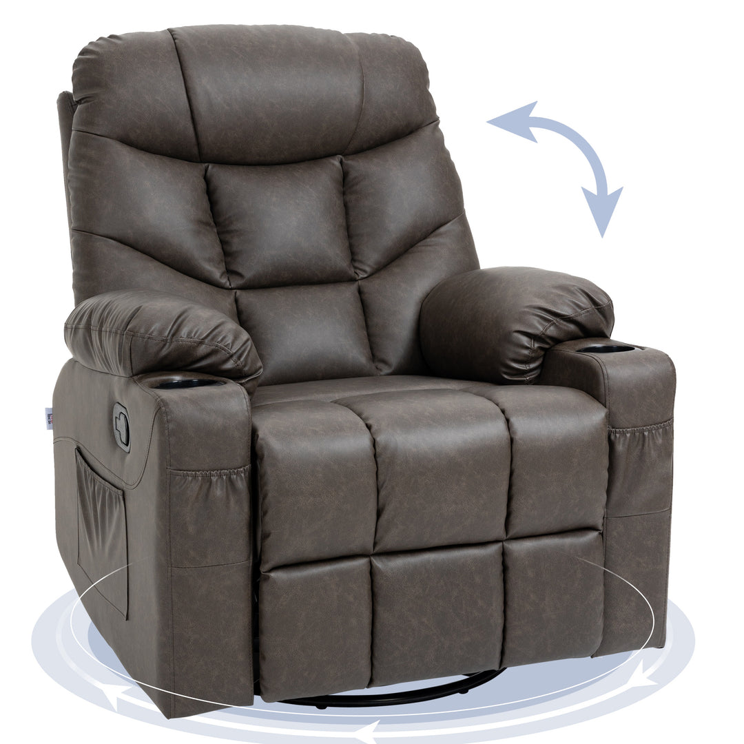 Manual Reclining Chair, Recliner Armchair with Faux Leather, Footrest, Cup Holders, 86x93x102cm, Brown