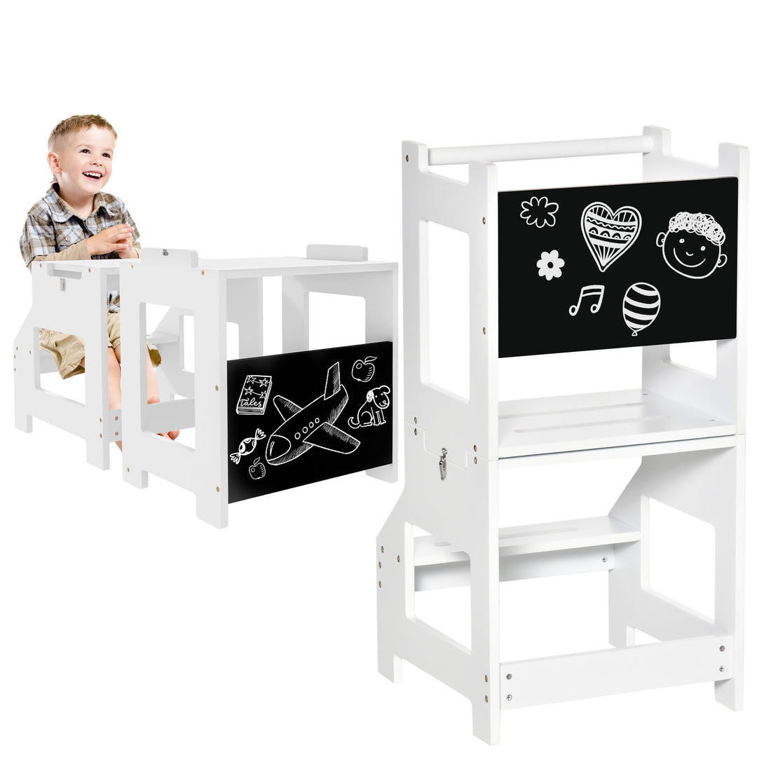 2-in-1 Kids Step Stool, Toddler Table and Chair Set, with Safety Rail Chalkboard Kitchen Helper Standing Tower, White