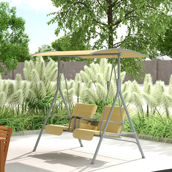 Outsunny 2 Seater Garden Swing Chair Patio Rocking Bench w/ Tilting Canopy, Double Padded Seats, Storage Bag and Tray, Beige