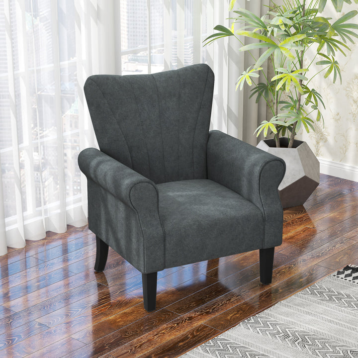 Upholstered Accent Chair with High Back, Rolled Arms and Wood Legs, Soft Thick Padded Armchair, Grey