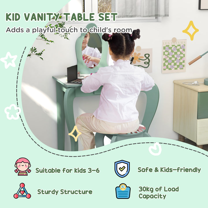 Kids Dressing Table with Mirror and Stool, Girls Vanity Table Makeup Desk with Drawer for 3-6 Years - Green