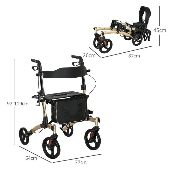 Folding Rollator with Cane Holder, Adjustable Handle Height and Aluminum Frame, 4 Wheeled Mobility Walker with Seat and Bag, Gold