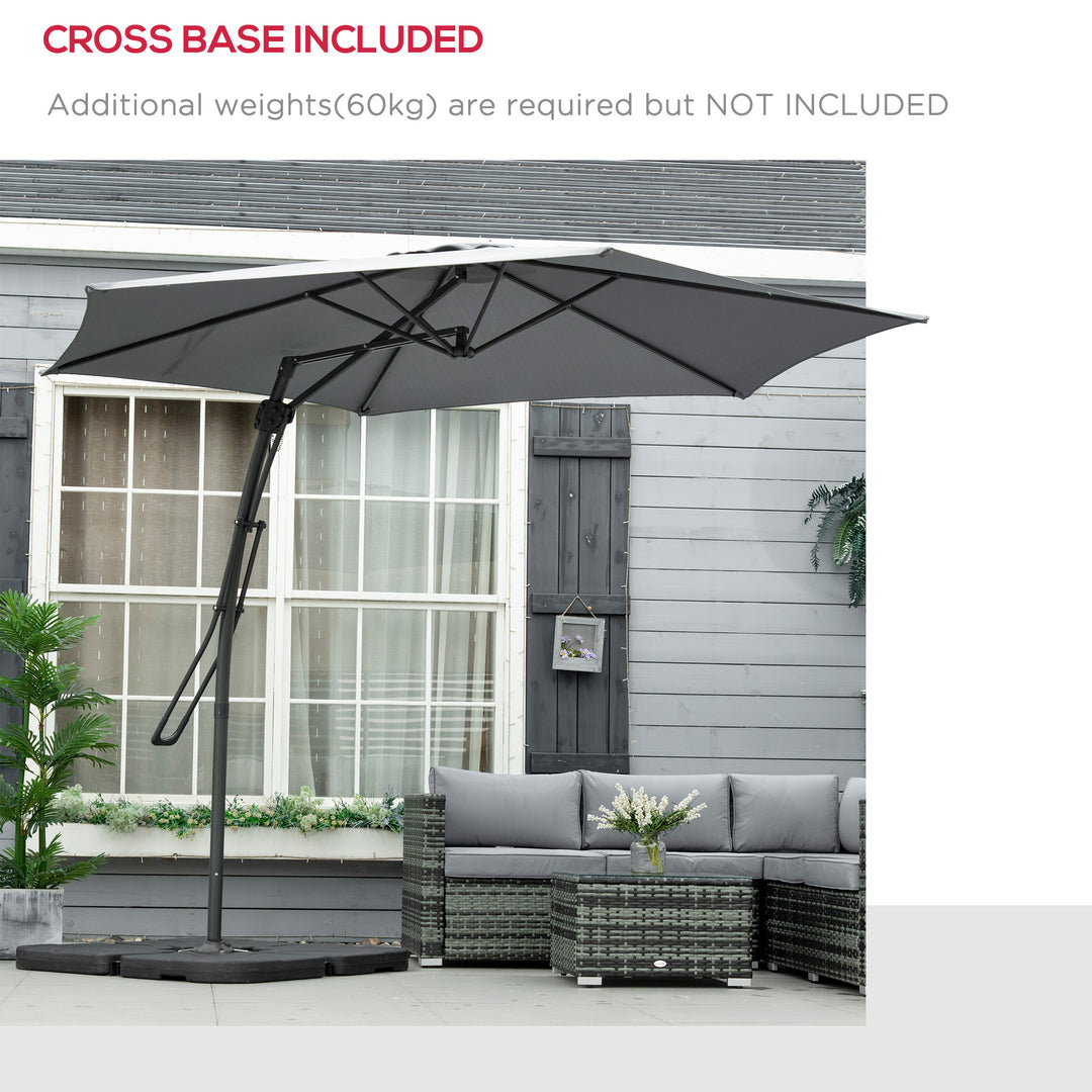 3m Cantilever Parasol with Easy Lever, Patio Umbrella with Crank Handle, Cross Base and 6 Metal Ribs, Outdoor Sun Shades for Garden, Grey