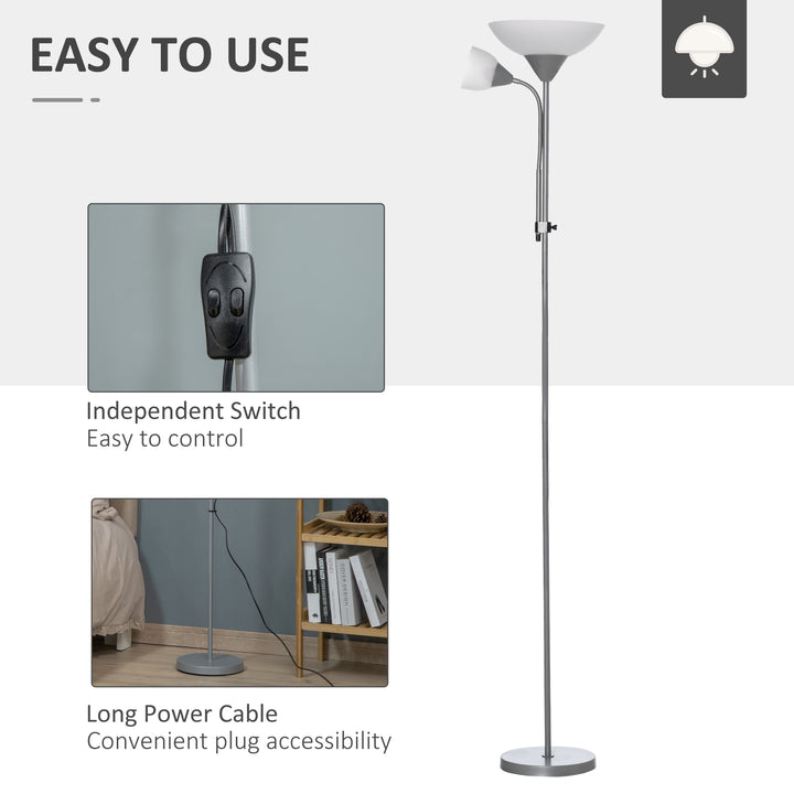 Modern Floor Reading Lamp 2 Adjustable Heads Light Steel Base Living Room Bedroom Office, 179.5cm