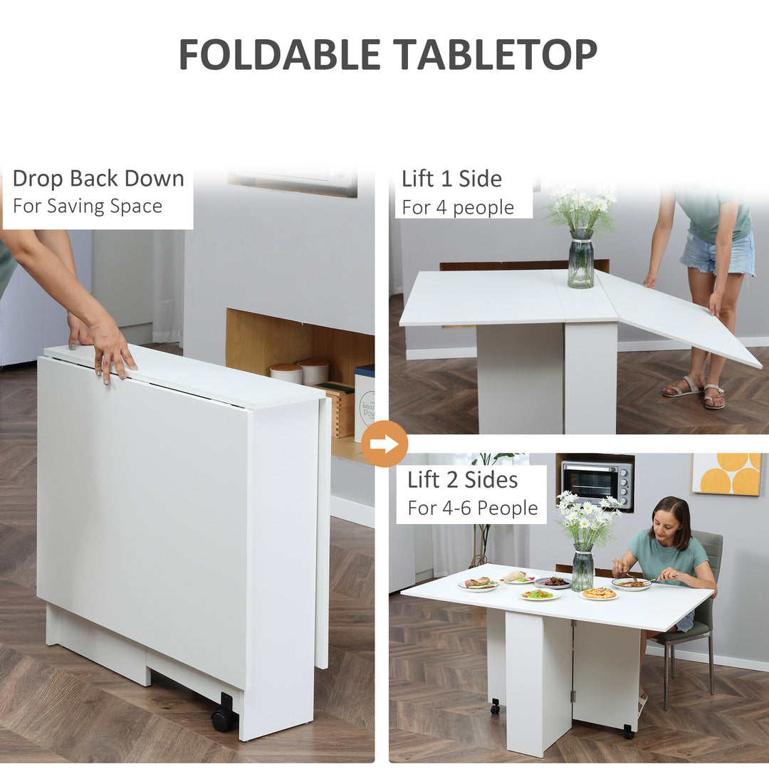 Mobile Drop Leaf Dining Kitchen Table Folding Desk For Small Spaces With 2 Wheels & 2 Storage Shelves White