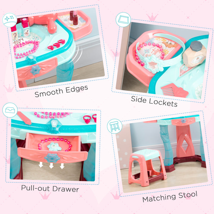 31 PCS Kids Dressing Table Set with Magic Princess Mirror, Musical Pretend Toy W/ Beauty Kit Mirror Light & Music, for 3-6 Years Old Blue+Pink