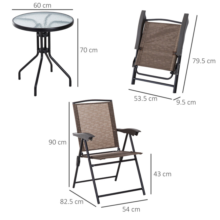 Outsunny 3 Piece Patio Furniture Garden Bistro Set Outdoor 2 Folding Chairs 1 Tempered Glass Table  Adjustable Backrest Metal - Brown