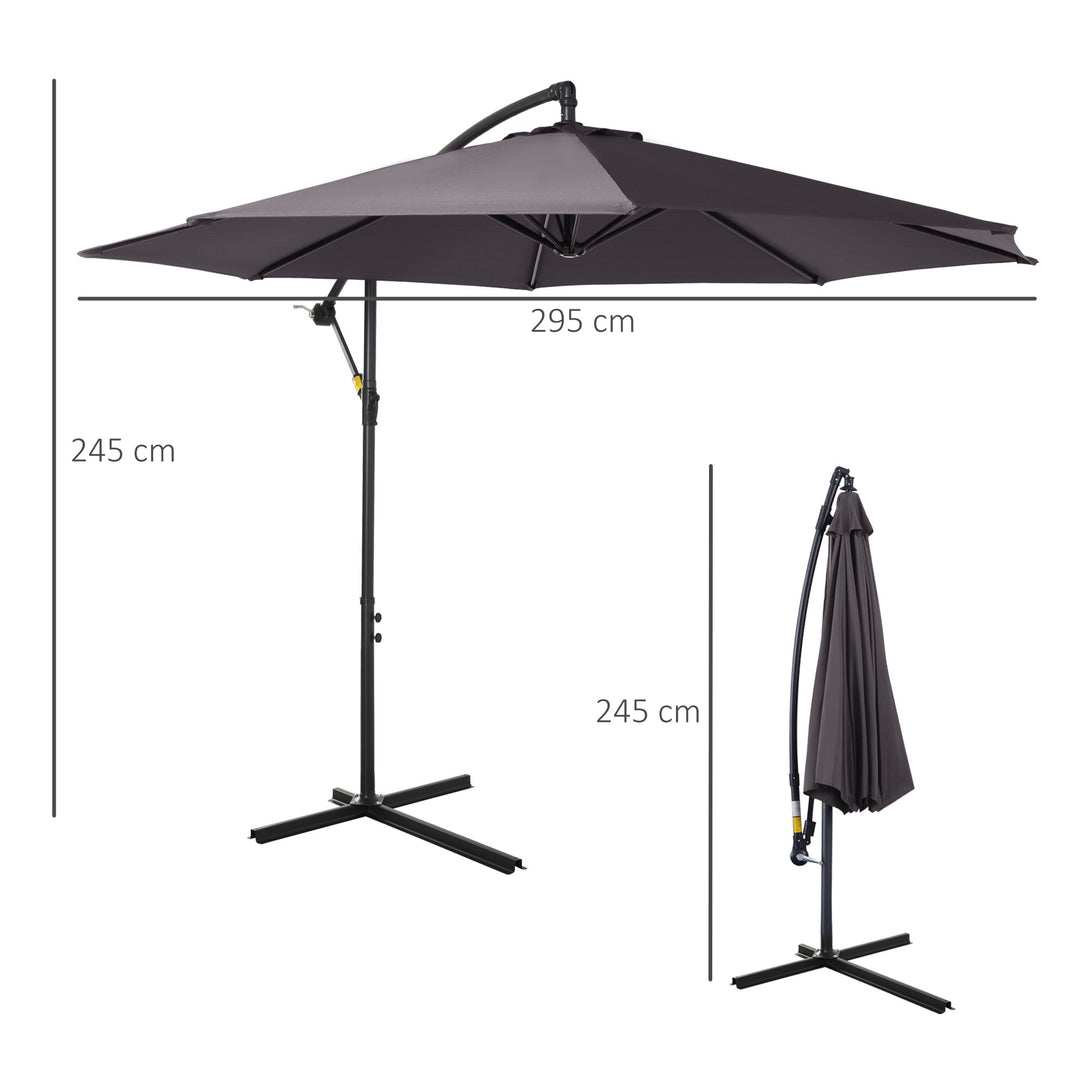 3(m) Garden Banana Parasol Hanging Cantilever Umbrella with Crank Handle, 8 Ribs and Cross Base for Outdoor, Sun Shade, Grey