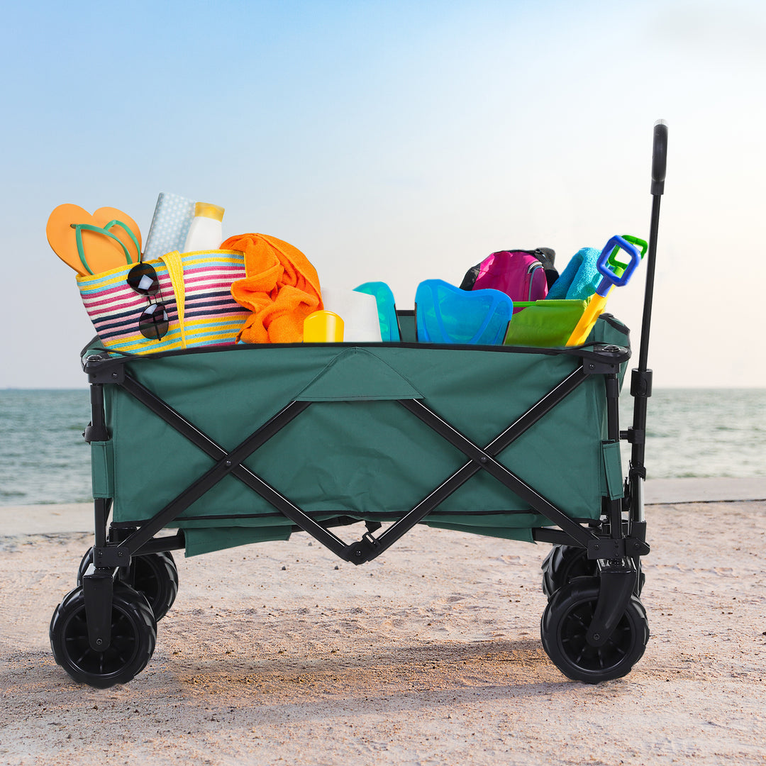 Outdoor Pull Along Cart Folding Cargo Wagon Trailer Trolley  for Beach Garden Use with Telescopic Handle, Anti-Slip Wheel - Green