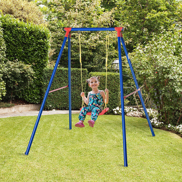 Metal Swing Set with Seat Adjustable Rope Heavy Duty A-Frame Stand Backyard Outdoor Playset for Kids Fun 6-12 Years Old Blue