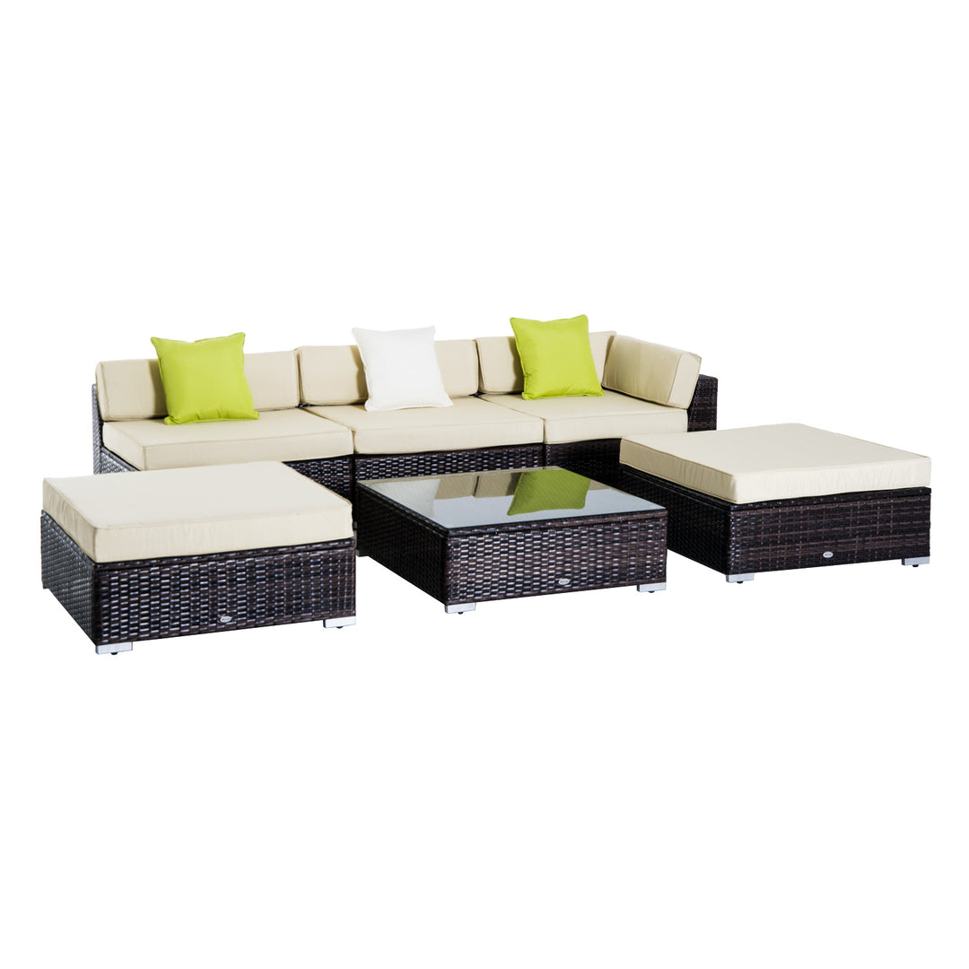 5-Seater Rattan Sofa Coffee Table Set Sectional Wicker Weave Furniture for Garden Outdoor Conservatory w/ Pillow Cushion  Brown