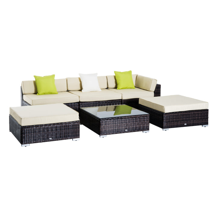 5-Seater Rattan Sofa Coffee Table Set Sectional Wicker Weave Furniture for Garden Outdoor Conservatory w/ Pillow Cushion  Brown