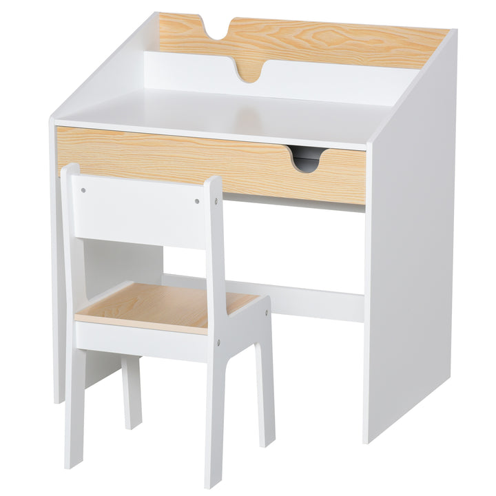 Kids Desk and Chair Set 2 Pieces Children Study Table with Storage Pull-Out Drawer Bookshelf for 3-6 Years Writing, Reading, Drawing