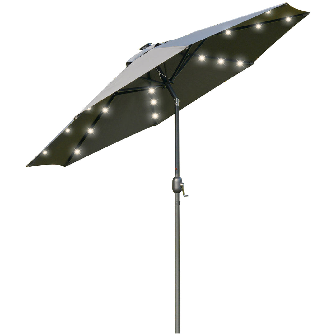 Outsunny 2.7m Garden Parasol, Patio LED Umbrella with Push Button Tilt/Crank 8 Rib Sun Shade for Outdoor Table Market Umbrella Grey