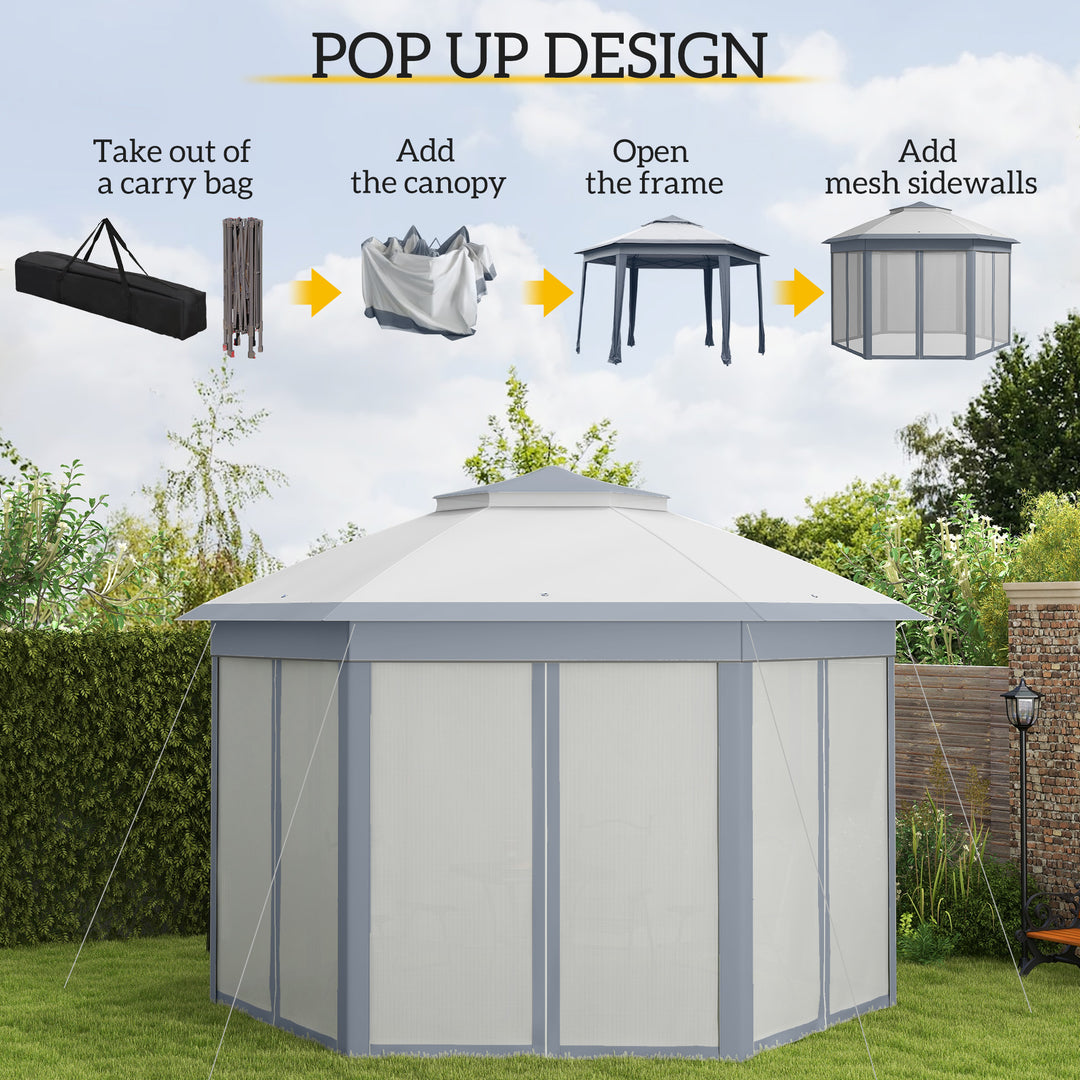 Outsunny Hexagon Patio Gazebo Pop Up Gazebo Outdoor Double Roof Instant Shelter with Netting, 4m x 4m, Grey