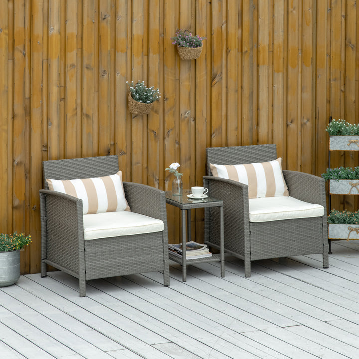 Outsunny Rattan Garden Furniture 3 Pieces Patio Bistro Set Wicker Weave Conservatory Sofa Chair & Table Set with Cushion Pillow - Light Grey