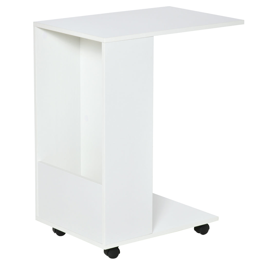 Mobile Sofa Side Table C-Shape End Table with Storage and Casters for Laptop Coffee Snack, White