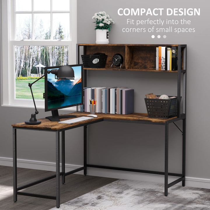 Industrial L-Shaped Work Desk & Storage Shelf Steel Frame Adjustable Feet Corner Workstation Home Office Study Stylish Brown Black