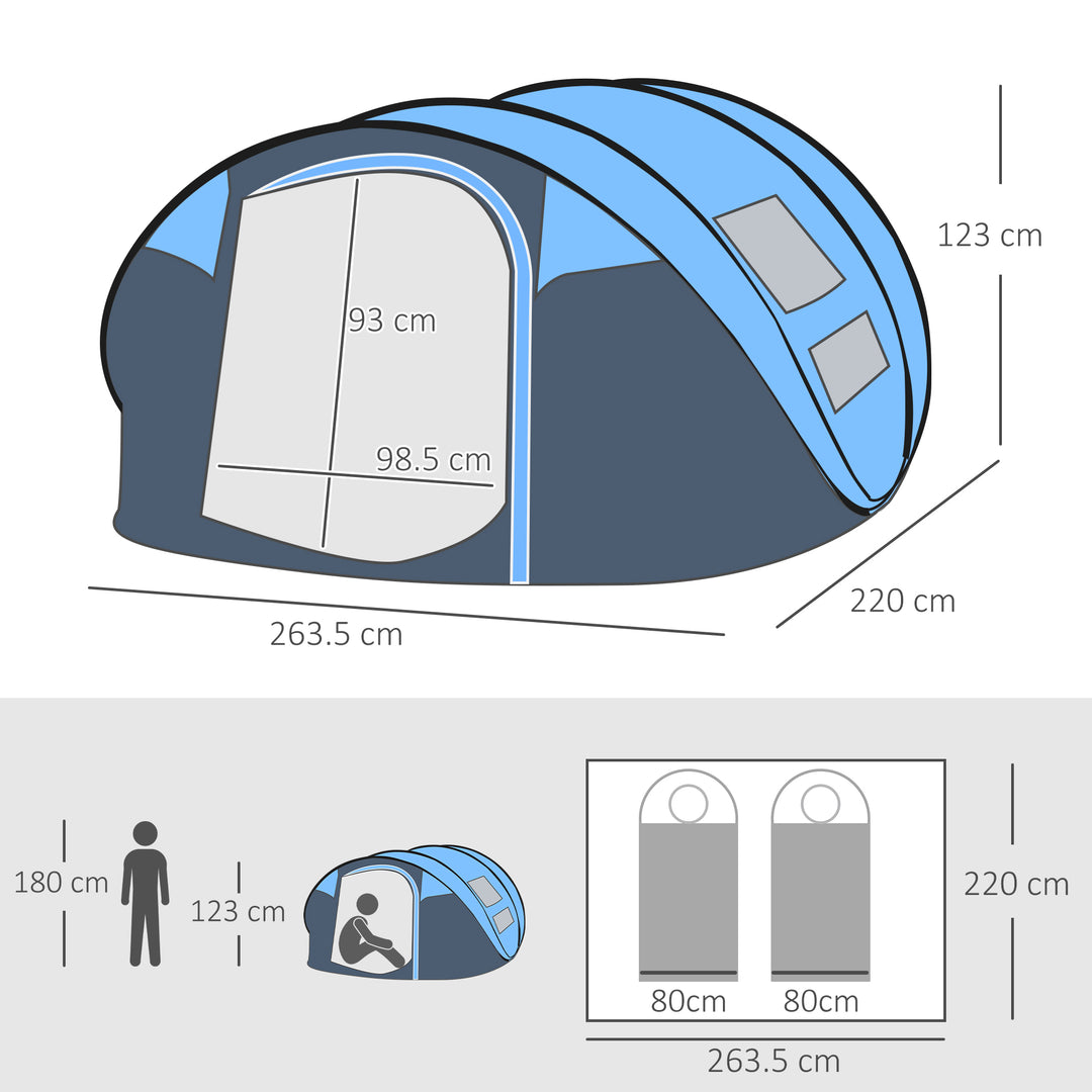 4-5 Person Pop-up Camping Tent Waterproof Family Tent w/ 2 Mesh Windows & PVC Windows Portable Carry Bag for Outdoor Trip Sky Blue