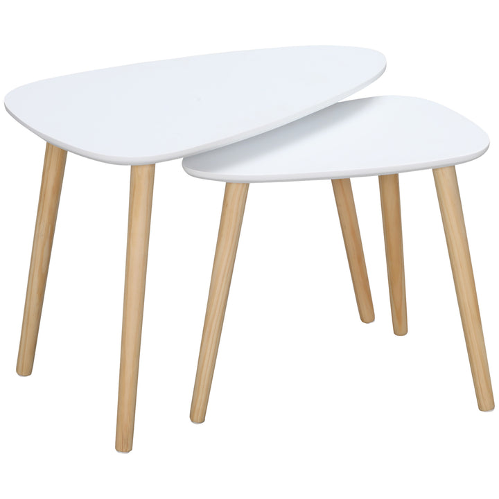 Modern Side Table Set of 2, Triangular Nest of Tables, End Table with Solid Wood Legs, for Living Room Bedroom, White